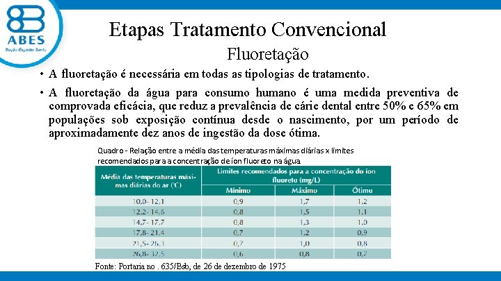  Etapas Tratamento Convencional Fluoretação • A fluoretação é necessária em todas as tipologias
