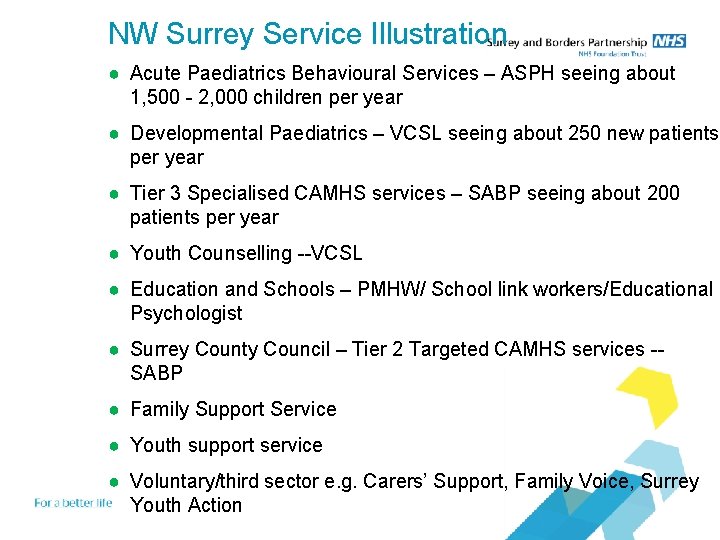 NW Surrey Service Illustration ● Acute Paediatrics Behavioural Services – ASPH seeing about 1,