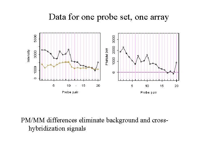 Data for one probe set, one array PM/MM differences eliminate background and crosshybridization signals