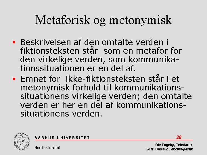 Metaforisk og metonymisk Beskrivelsen af den omtalte verden i fiktionsteksten står som en metafor