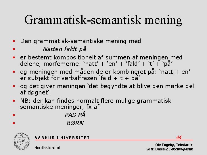 Grammatisk-semantisk mening Den grammatisk-semantiske mening med Natten faldt på er bestemt kompositionelt af summen