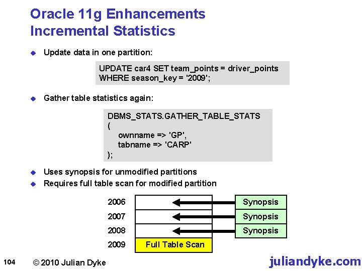 Oracle 11 g Enhancements Incremental Statistics u Update data in one partition: UPDATE car