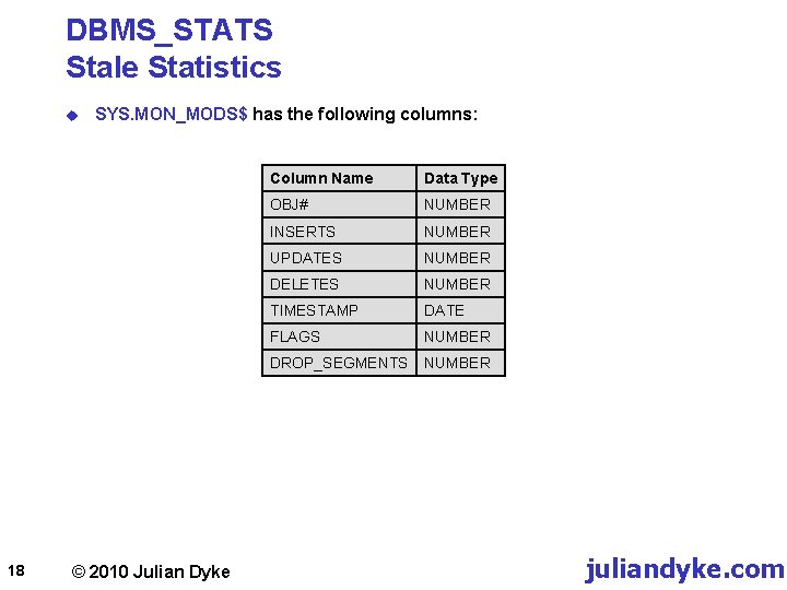 DBMS_STATS Stale Statistics u 18 SYS. MON_MODS$ has the following columns: © 2010 Julian