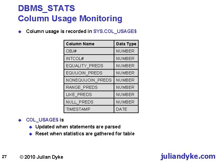DBMS_STATS Column Usage Monitoring u u 27 Column usage is recorded in SYS. COL_USAGE$