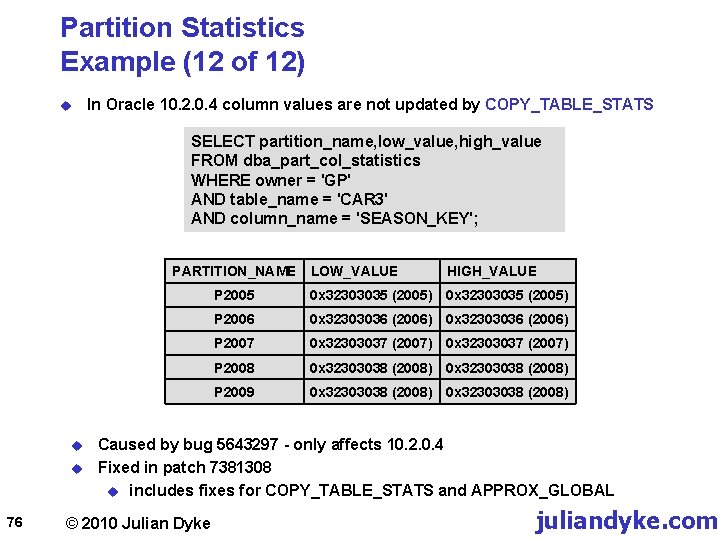 Partition Statistics Example (12 of 12) u In Oracle 10. 2. 0. 4 column