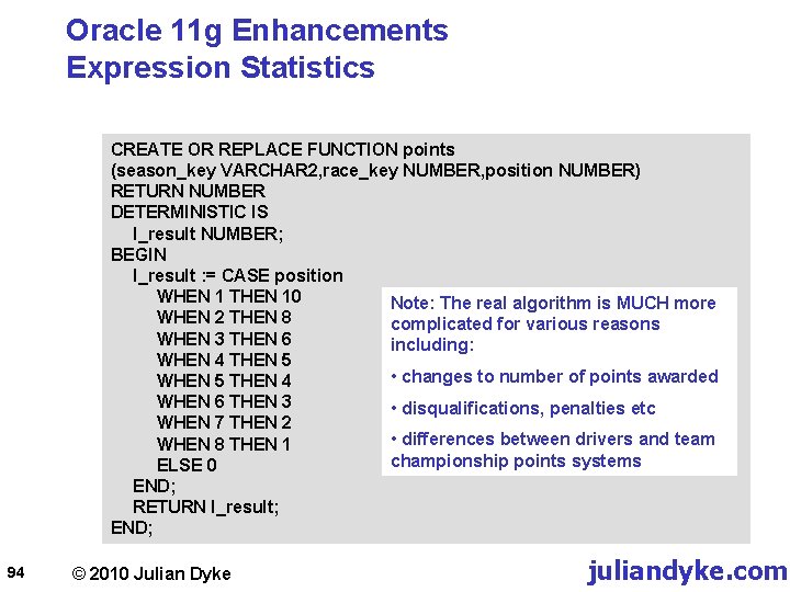 Oracle 11 g Enhancements Expression Statistics CREATE OR REPLACE FUNCTION points (season_key VARCHAR 2,