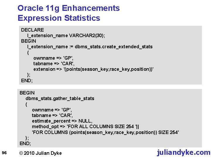 Oracle 11 g Enhancements Expression Statistics DECLARE l_extension_name VARCHAR 2(30); BEGIN l_extension_name : =