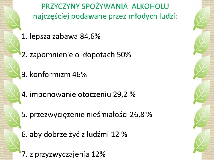 PRZYCZYNY SPOŻYWANIA ALKOHOLU najczęściej podawane przez młodych ludzi: 1. lepsza zabawa 84, 6% 2.