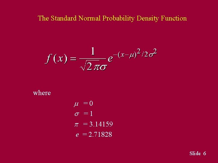 The Standard Normal Probability Density Function where =0 =1 = 3. 14159 e = The Standard Normal Probability Density Function where =0 =1 = 3. 14159 e =