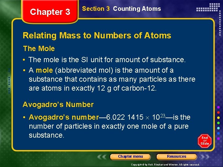 Chapter 3 Section 3 Counting Atoms Relating Mass to Numbers of Atoms The Mole