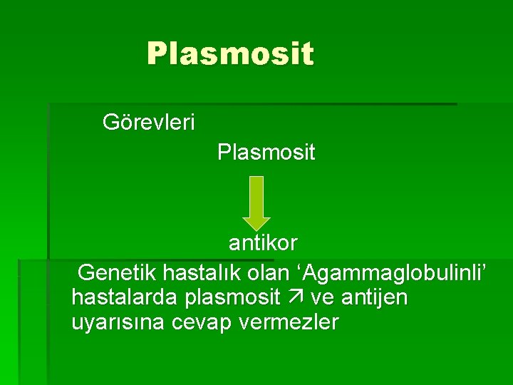 Plasmosit Görevleri Plasmosit antikor Genetik hastalık olan ‘Agammaglobulinli’ hastalarda plasmosit ve antijen uyarısına cevap
