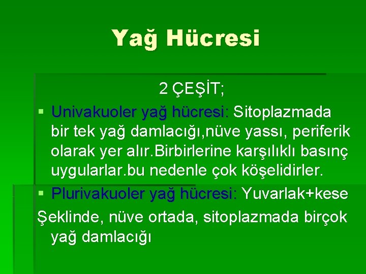 Yağ Hücresi 2 ÇEŞİT; § Univakuoler yağ hücresi: Sitoplazmada bir tek yağ damlacığı, nüve