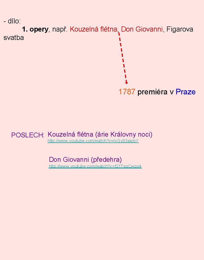 - dílo: 1. opery, např. Kouzelná flétna, Don Giovanni, Figarova svatba 1787 premiéra v