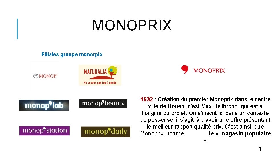 MONOPRIX Filiales groupe monorpix 1932 : Création du premier Monoprix dans le centre ville