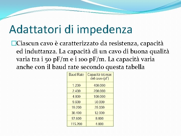 Adattatori di impedenza �Ciascun cavo è caratterizzato da resistenza, capacità ed induttanza. La capacità