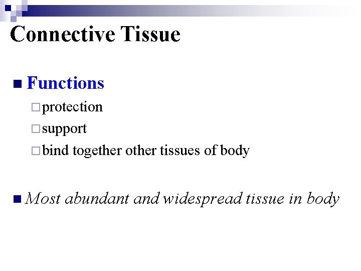 Connective Tissue n Functions ¨protection ¨support ¨bind n Most together other tissues of body