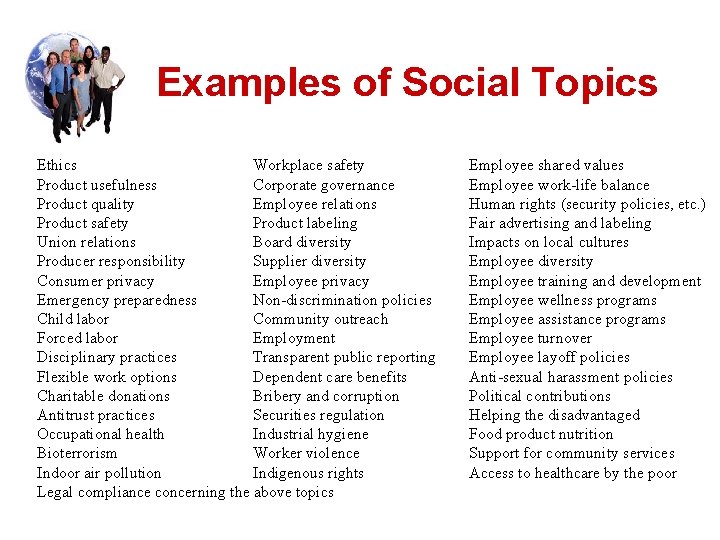 Examples of Social Topics Ethics Workplace safety Product usefulness Corporate governance Product quality Employee