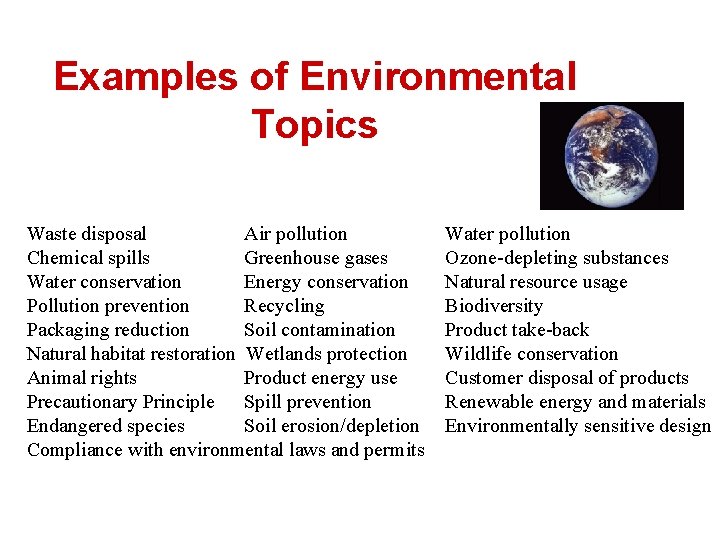 Examples of Environmental Topics Waste disposal Air pollution Chemical spills Greenhouse gases Water conservation