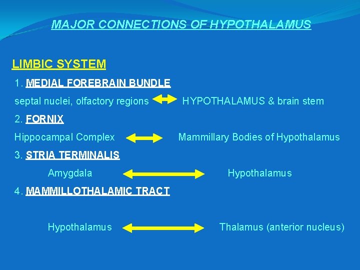 MAJOR CONNECTIONS OF HYPOTHALAMUS LIMBIC SYSTEM 1. MEDIAL FOREBRAIN BUNDLE septal nuclei, olfactory regions