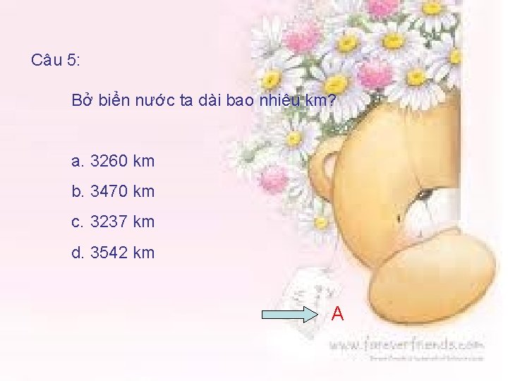 Câu 5: Bở biển nước ta dài bao nhiêu km? a. 3260 km b.