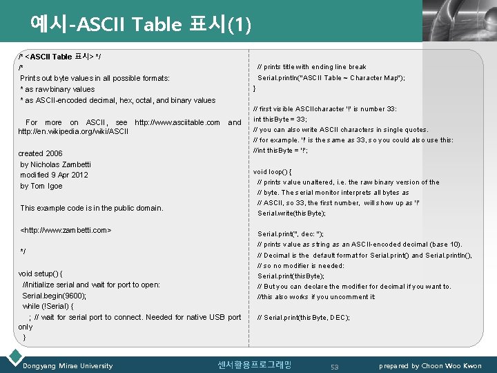 예시-ASCII Table 표시(1) /* <ASCII Table 표시> */ /* Prints out byte values in