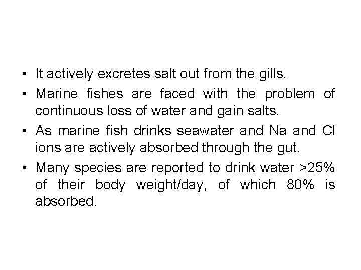  • It actively excretes salt out from the gills. • Marine fishes are