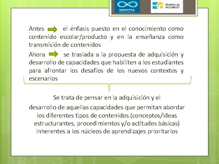 Antes el énfasis puesto en el conocimiento como contenido escolar/producto y en la enseñanza