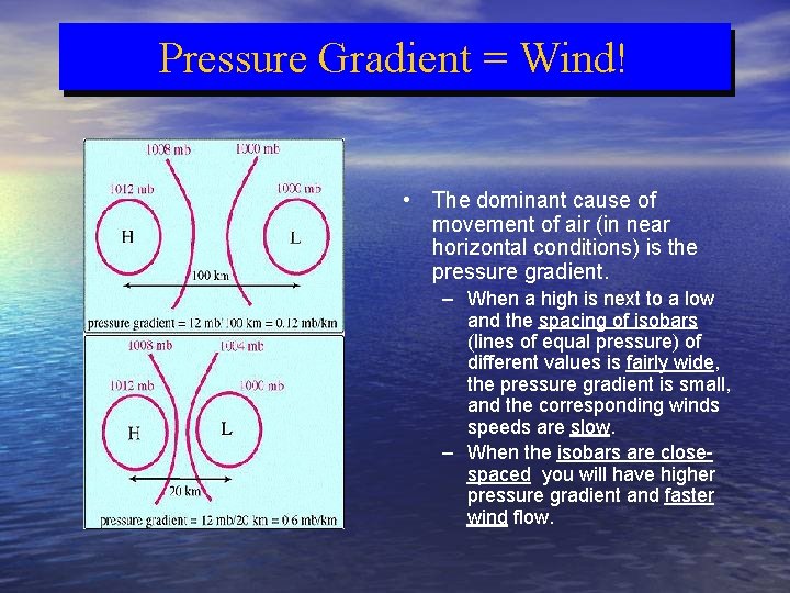 Pressure Gradient = Wind! • The dominant cause of movement of air (in near