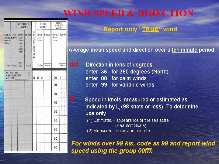 WIND SPEED & DIRECTION Report only “TRUE” wind Average mean speed and direction over