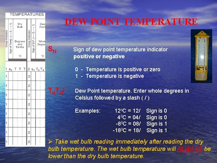 DEW POINT TEMPERATURE SN Sign of dew point temperature indicator positive or negative 0