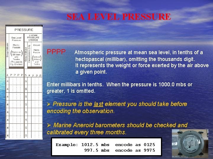 SEA LEVEL PRESSURE PPPP Atmospheric pressure at mean sea level, in tenths of a