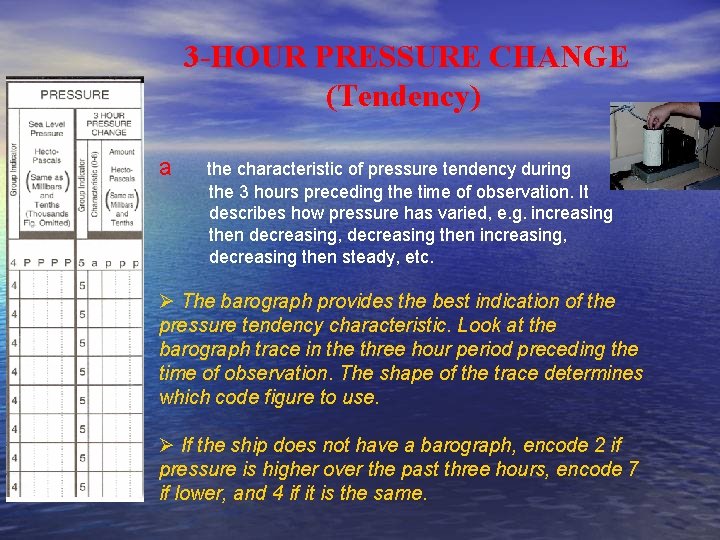 3 -HOUR PRESSURE CHANGE (Tendency) a the characteristic of pressure tendency during the 3