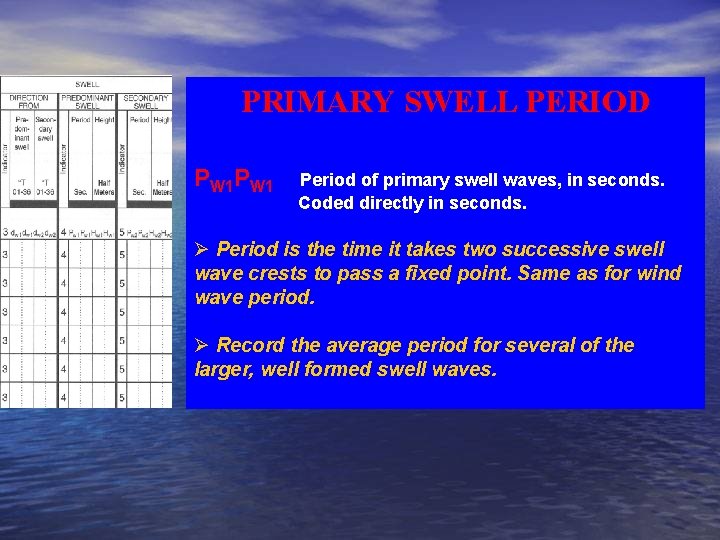 PRIMARY SWELL PERIOD PW 1 Period of primary swell waves, in seconds. Coded directly