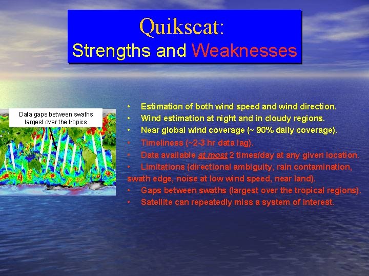 Quikscat: Strengths and Weaknesses Data gaps between swaths largest over the tropics • •