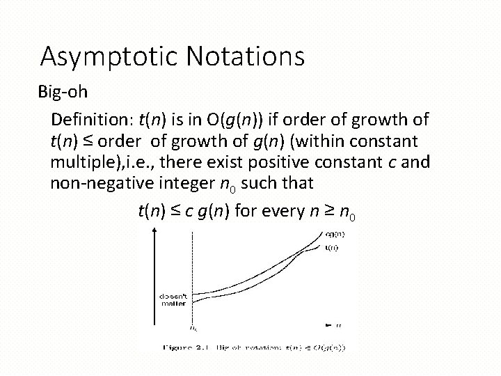 Asymptotic Notations Big-oh Definition: t(n) is in O(g(n)) if order of growth of t(n)