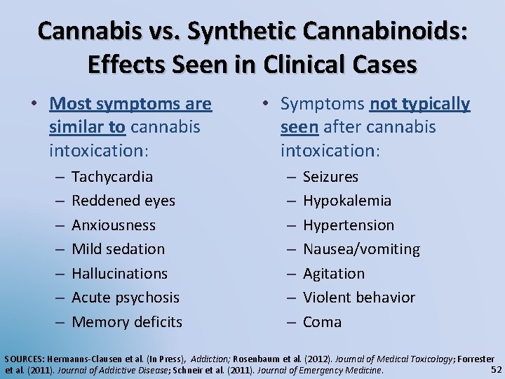 Cannabis vs. Synthetic Cannabinoids: Effects Seen in Clinical Cases • Most symptoms are similar