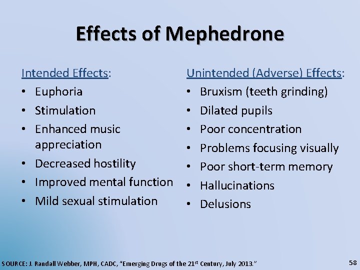 Effects of Mephedrone Intended Effects: • Euphoria • Stimulation • Enhanced music appreciation •