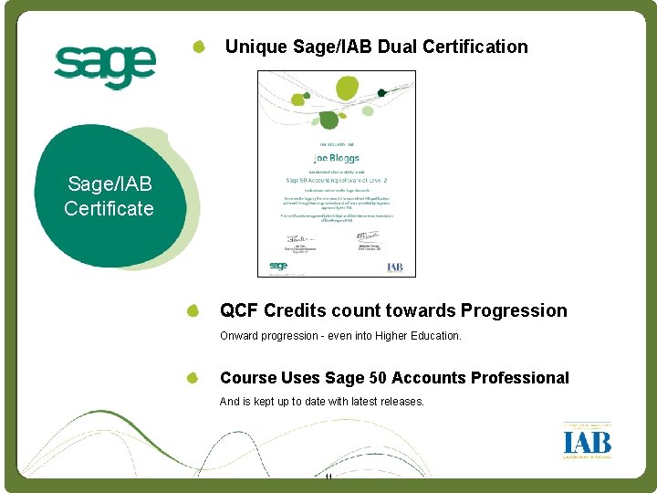 Intro Unique Sage/IAB Dual Certification Sage/IAB Certificate QCF Credits count towards Progression Onward progression