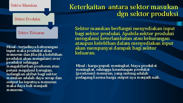 Sektor Masukan Sektor Produksi Sektor Keluaran Misal : terjadinya kekurangan input maka produksi akan