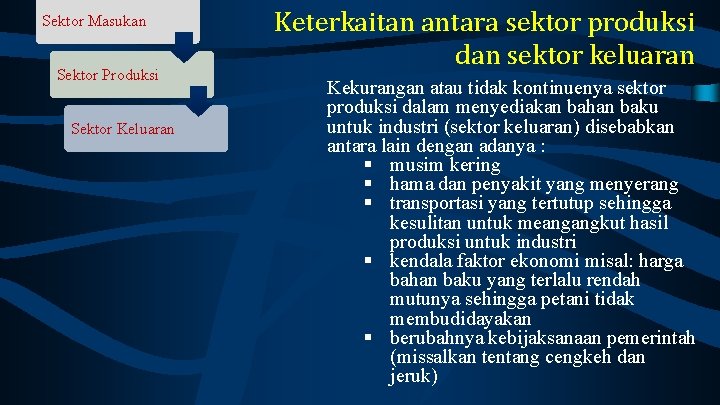 Sektor Masukan Sektor Produksi Sektor Keluaran Keterkaitan antara sektor produksi dan sektor keluaran Kekurangan