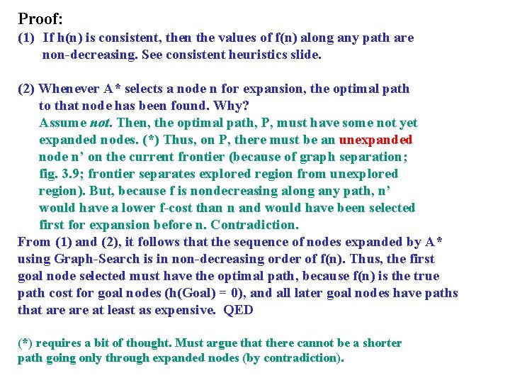 Proof: (1) If h(n) is consistent, then the values of f(n) along any path