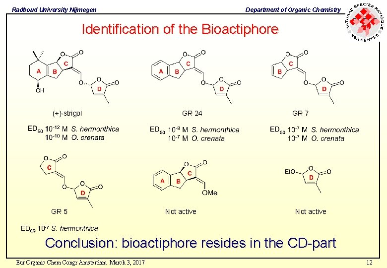 Radboud University Nijmegen Department of Organic Chemistry Identification of the Bioactiphore (+)-strigol GR 5 Radboud University Nijmegen Department of Organic Chemistry Identification of the Bioactiphore (+)-strigol GR 5