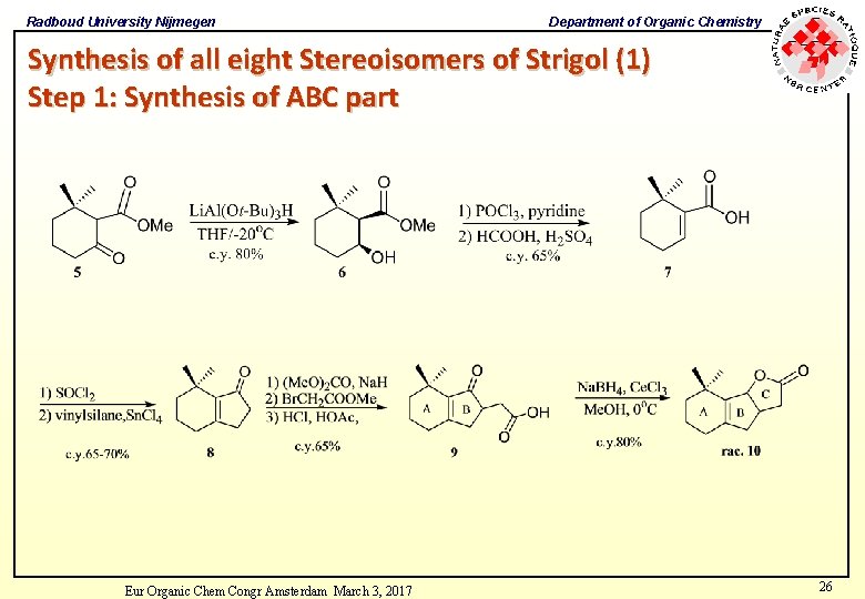Radboud University Nijmegen Department of Organic Chemistry Synthesis of all eight Stereoisomers of Strigol Radboud University Nijmegen Department of Organic Chemistry Synthesis of all eight Stereoisomers of Strigol