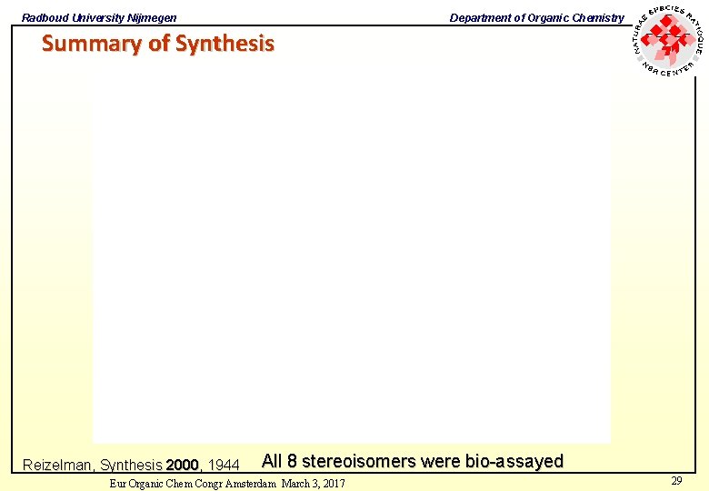 Radboud University Nijmegen Department of Organic Chemistry Summary of Synthesis Reizelman, Synthesis 2000, 1944 Radboud University Nijmegen Department of Organic Chemistry Summary of Synthesis Reizelman, Synthesis 2000, 1944