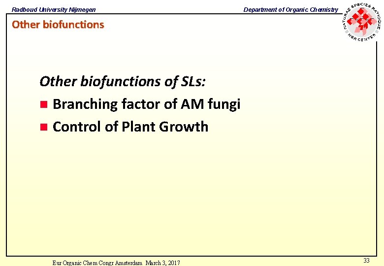 Radboud University Nijmegen Department of Organic Chemistry Other biofunctions of SLs: n Branching factor Radboud University Nijmegen Department of Organic Chemistry Other biofunctions of SLs: n Branching factor