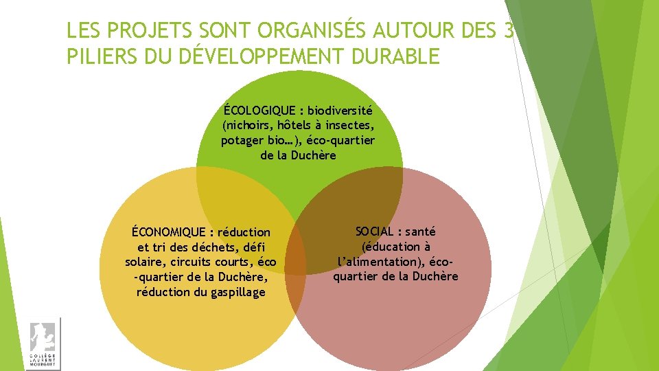 LES PROJETS SONT ORGANISÉS AUTOUR DES 3 PILIERS DU DÉVELOPPEMENT DURABLE ÉCOLOGIQUE : biodiversité