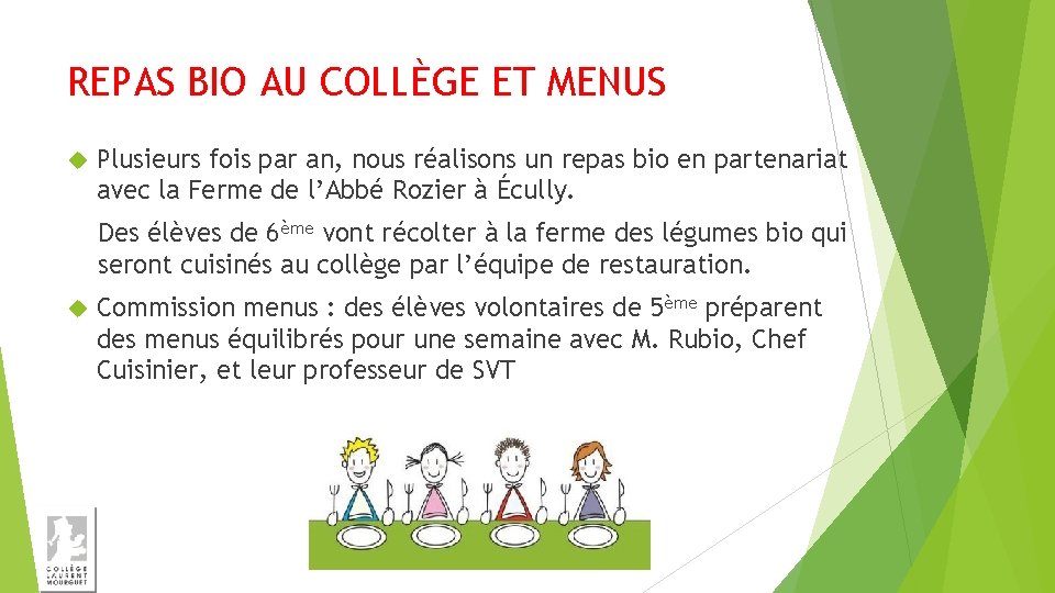 REPAS BIO AU COLLÈGE ET MENUS Plusieurs fois par an, nous réalisons un repas