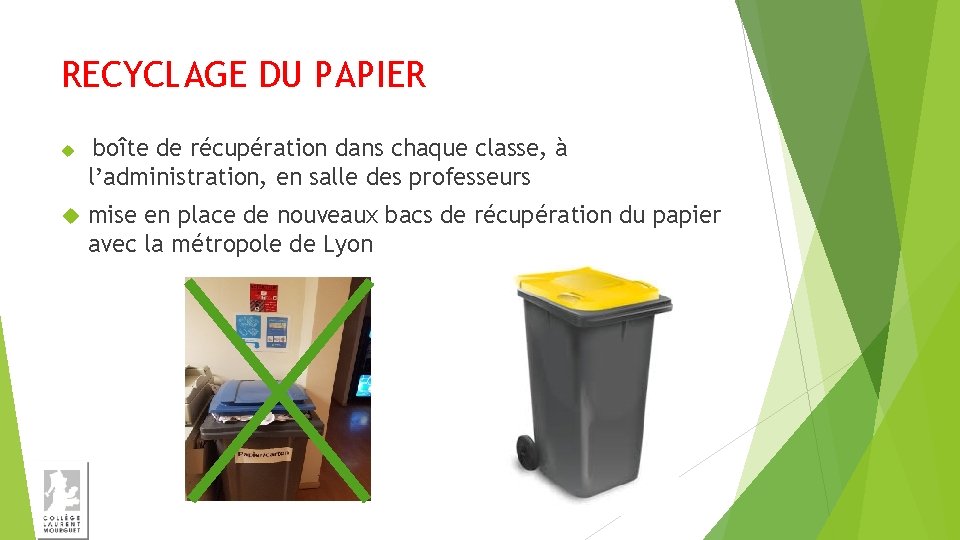 RECYCLAGE DU PAPIER boîte de récupération dans chaque classe, à l’administration, en salle des