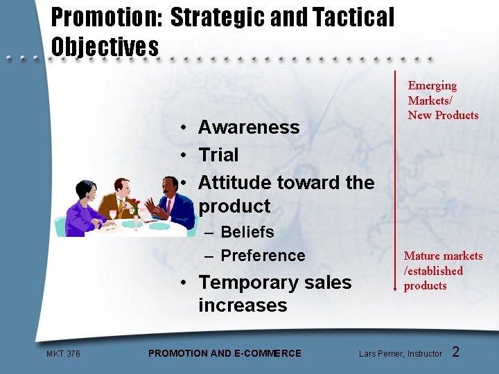Promotion: Strategic and Tactical Objectives • Awareness • Trial • Attitude toward the product