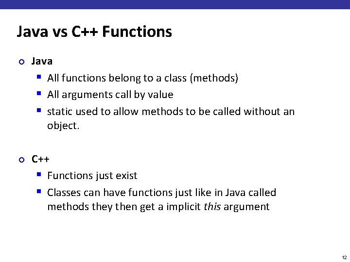 Java vs C++ Functions ¢ ¢ Java § All functions belong to a class